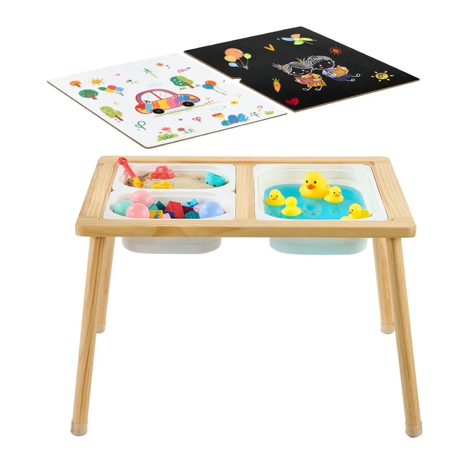 Sensory Table for Toddlers, Wooden Kids Activity Table with Reversible Double-Sided Board, Storage Bins, and Non-Slip Feet, for Boys and Girls Playing Sand and Water, Drawing, Studying, Dining