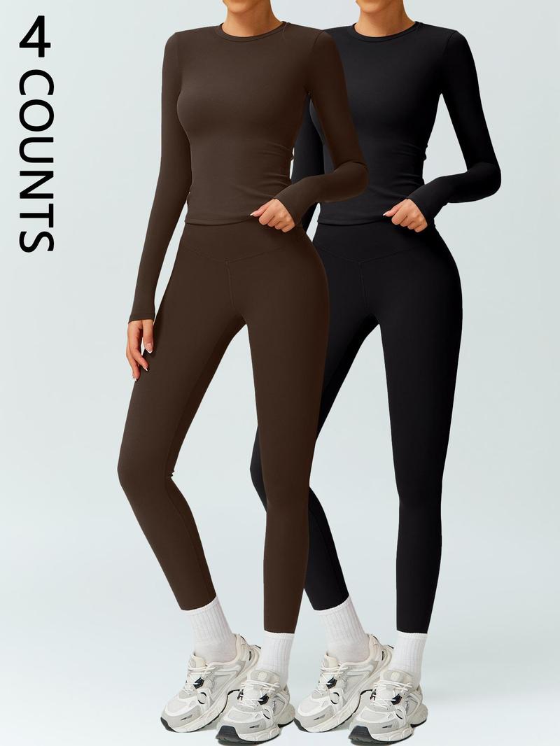 Women's Solid Long-Sleeve Tee & High-Waist Leggings Set, Sporty Round Neck Top & Skinny Pants 2-Piece Set for Gym Workout and Running, Ladies Fall & Winter Sportswear, Sports Fitness Wear