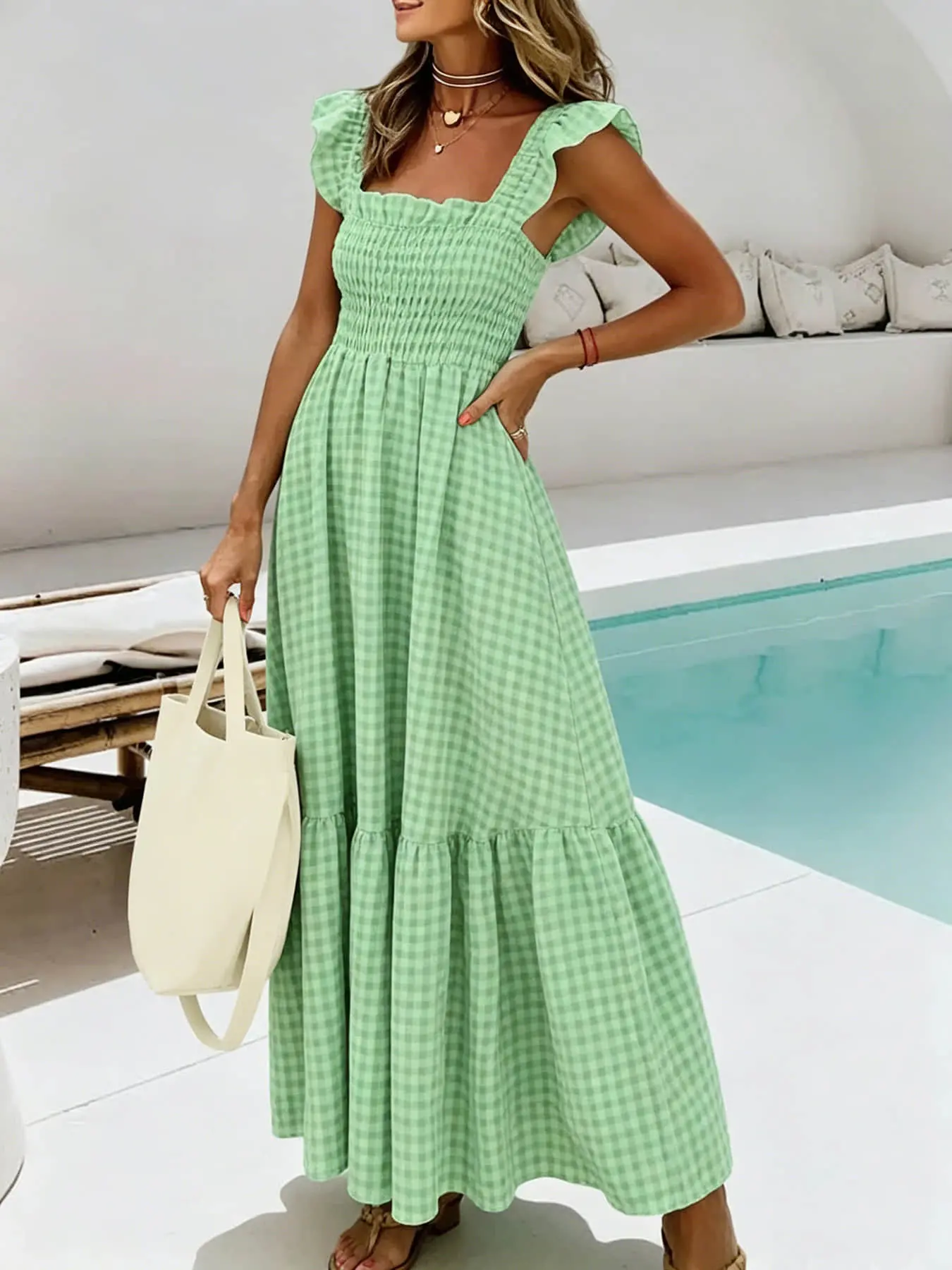 A fashionable and fresh Bohemian Casual Fashion plaid square neck dress for women, with small fly sleeves, suitable for summer, beach vacations, friend gatherings, park picnics, etc.