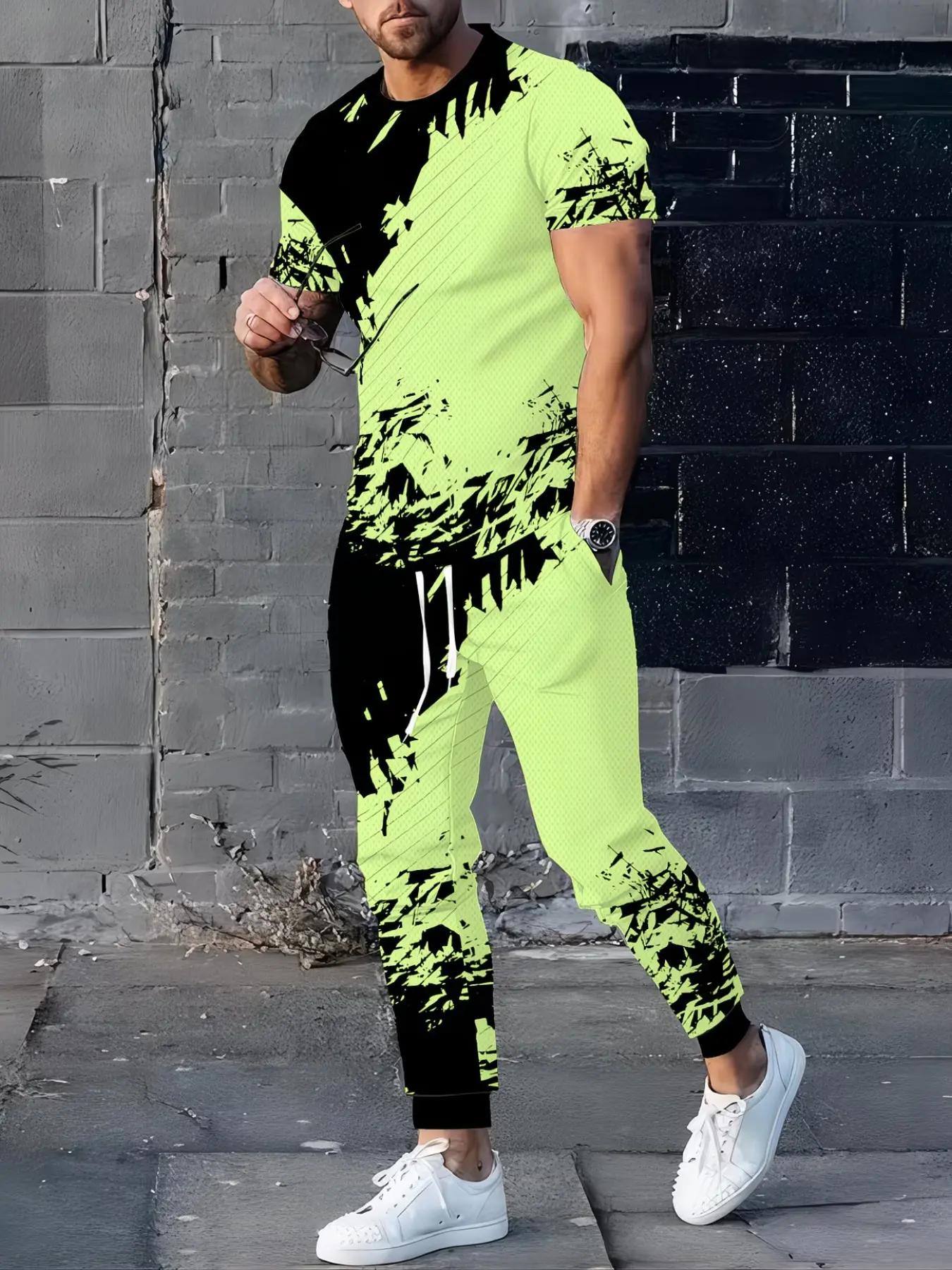Men's Street Style Sporty Two-Piece Set, Breathable Mesh Tie-Dye Short Sleeve T-Shirt with Casual Sweatpants, Trendy for All Seasons