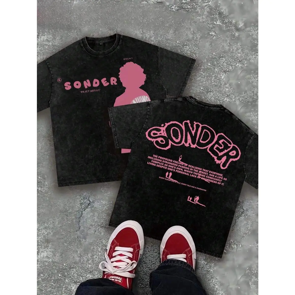 Retro Pink Sonder Silhouette Quote Double Print Vintage Washed Black T-shirt, Unisex Casual Crew Neck Oversized Tee, Indie Minimal Soft Grunge Streetwear for Outdoor Travel & Daily Casual Looks