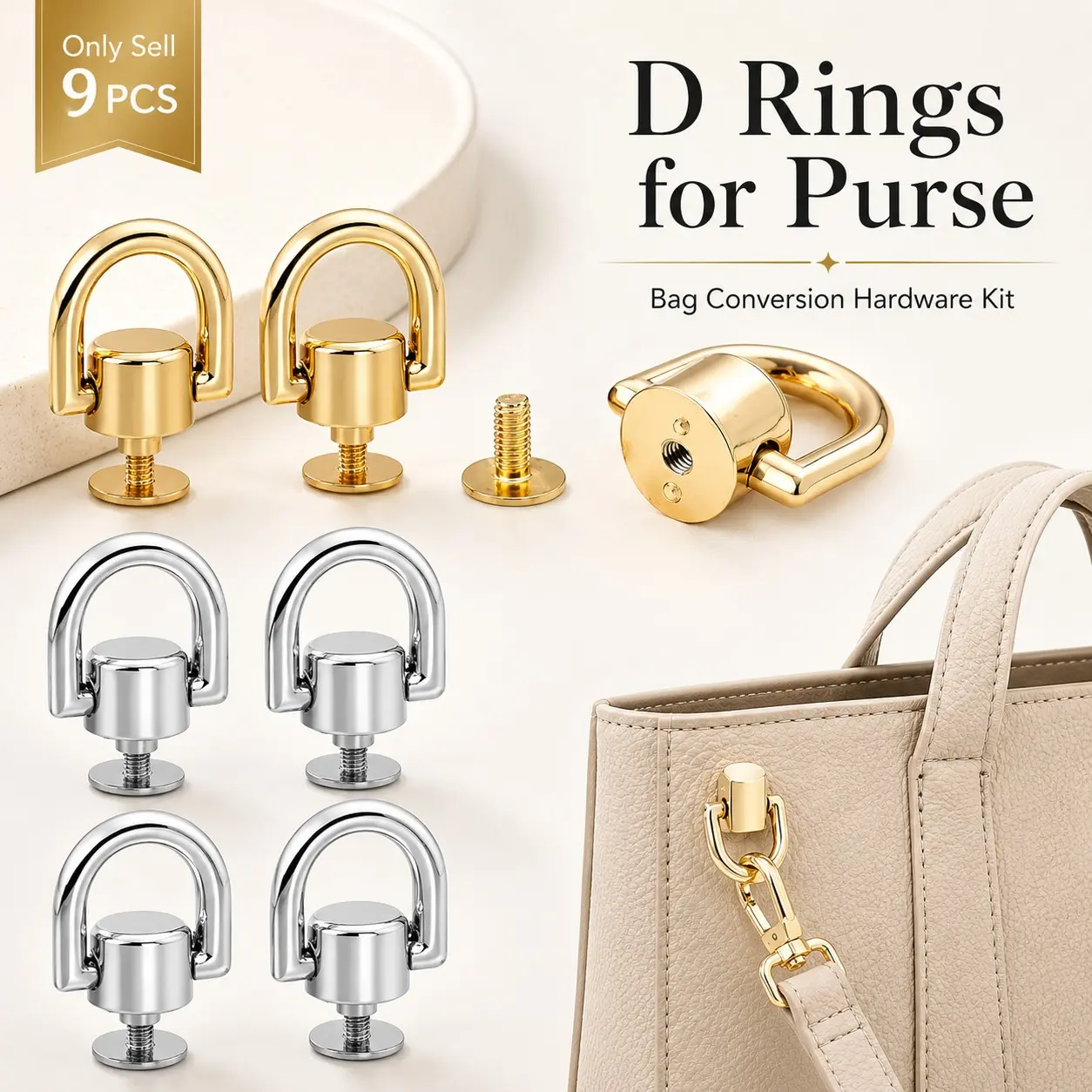 9Pcs D Rings for Purse, 360° Rotatable Alloy Bag Hardware Conversion Kit, Screw Rivet Leather Studs for DIY Tote Bag, Crossbody Bag, Handbag Repair and Leathercraft Accessories