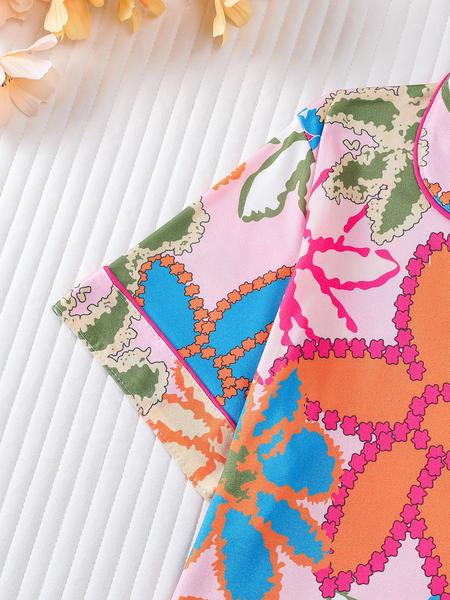 Women's Leopard Print Cherry Bow Sleepwear Set, Short Sleeve Shirt Collar Button Soft Top & Elastic Shorts, Casual Home Wear