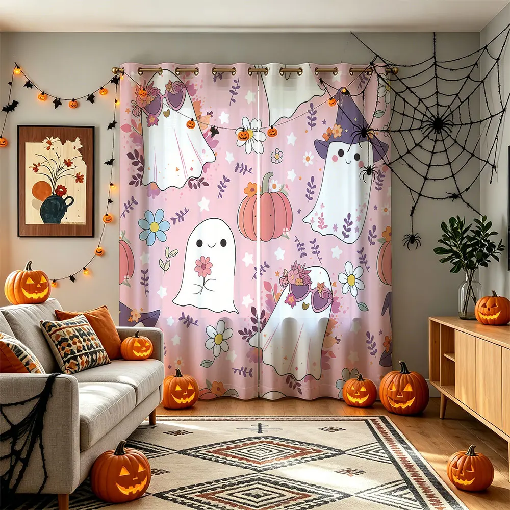 Sweet Pink Halloween 2 Panel Blackout Curtains, Cute Ghost Witch Pumpkin Bat Flower Print Window Drapes, Girls Bedroom Spooky Decor Curtains
