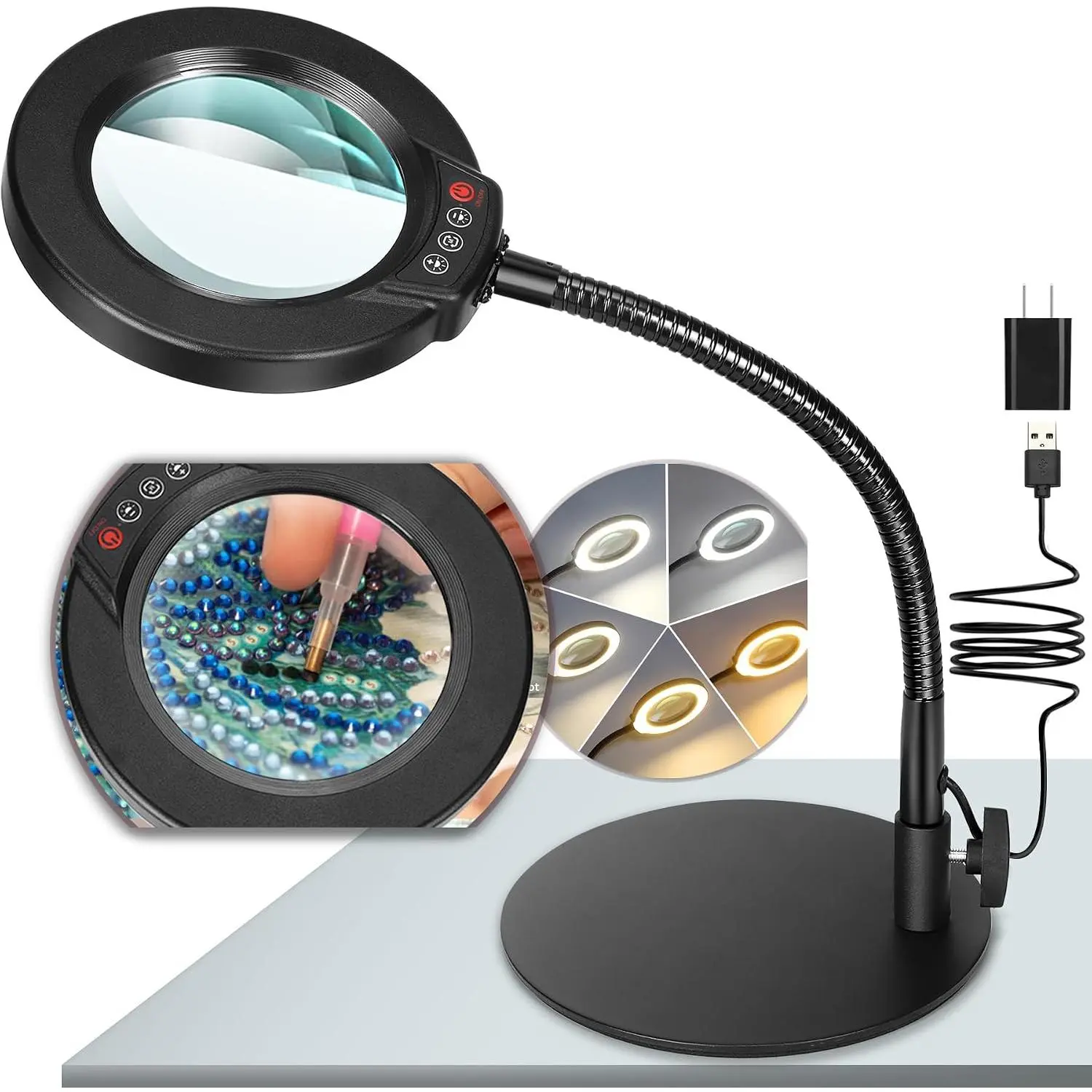 10X Magnifying Glass with LED Lights & Metal Base, Hands-Free Desk Lamp with Flexible Goose-Neck Arm, 5 Color Modes Stepless Dimmable for Craft Close-Up Work, Painting, Embroidery, Puzzles, Sewing, Tabletop