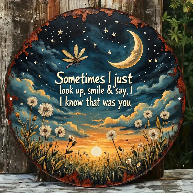 2D Flat, 8x8 Inch Round Aluminum Memorial Plaque - Vintage Starry Sky and Dandelion Design with Heartfelt Quote, Perfect for Garden, Balcony, Bedroom Decor or Commemorative Gift, Wall Art | Serene Decoration, Rustic Look, Ideal for Room Décor on Memorial