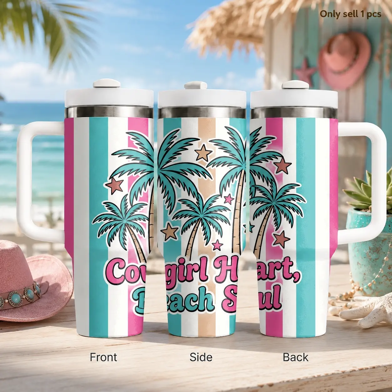 Summer Beach Escape 40oz Tumbler for Women, Tropical Coastal Insulated Cup with Handle and Straw, Leakproof Stainless Steel Drinkware for Pool Days, Vacations, Road Trips and Beach Lover Gifts