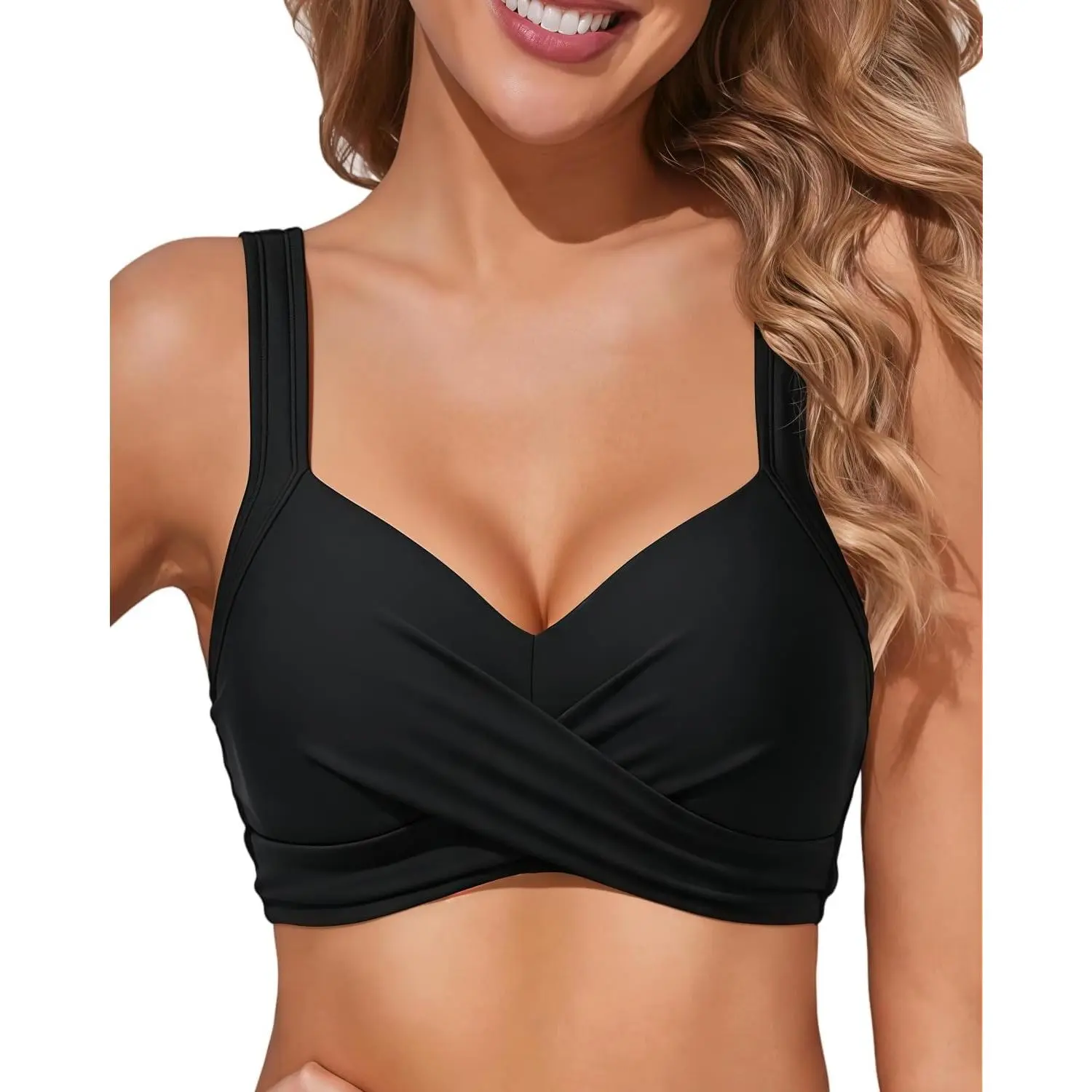 Women's Underwire Push-Up Padded Bikini Top Only - Full Coverage Swimsuit Top with Adjustable Straps & Hook Closure, Flattering Wrap Design, Premium Soft Fabric