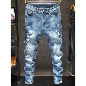 Men's Light Wash Relaxed Fit Jeans, Plain Distressed Ripped Denim, Casual American Streetwear for All Seasons
