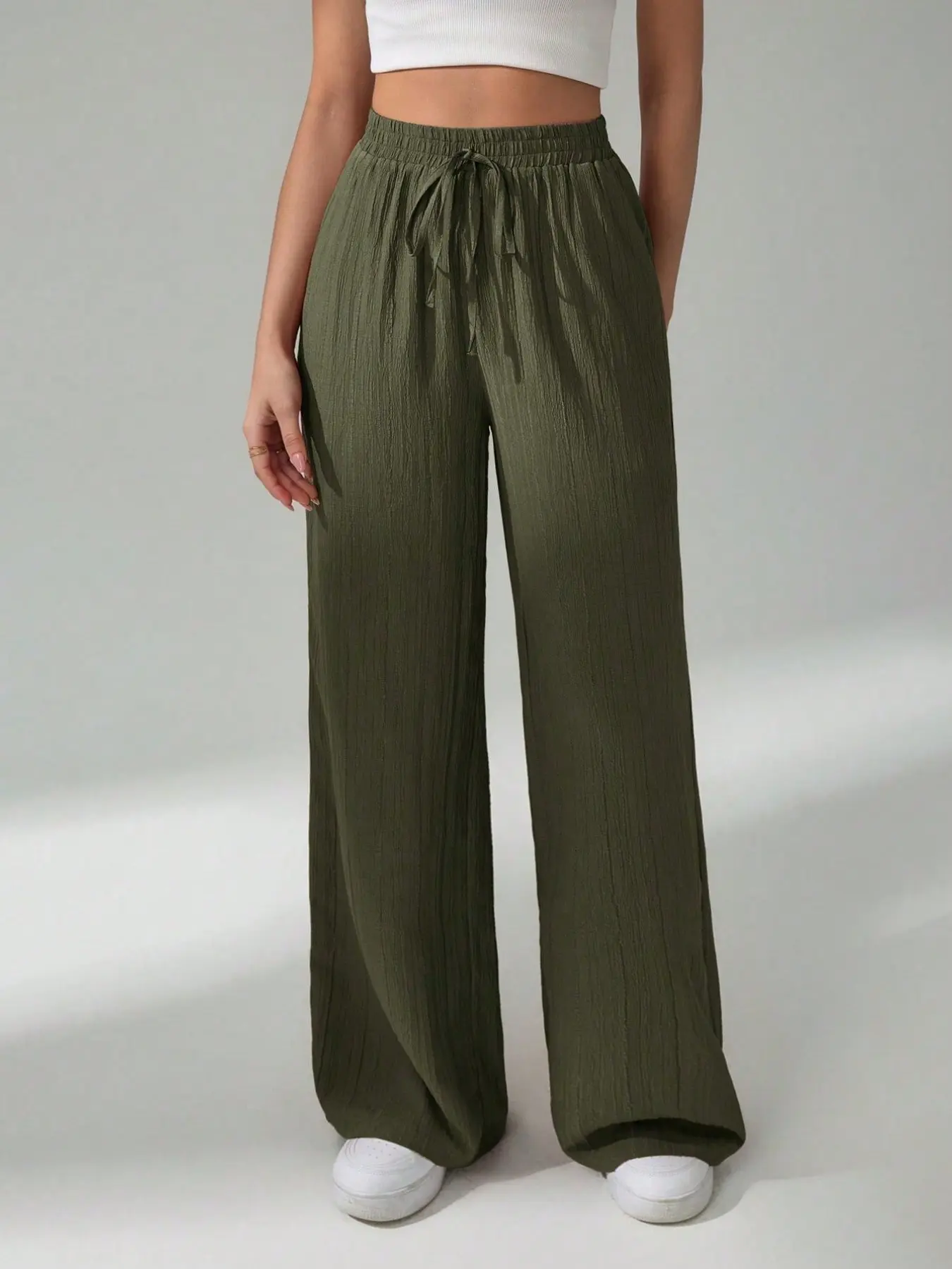 Spring Summer Thin Elastic Waist Tie Cord Casual Pants, Versatile Daily Comfort Long Pants, Straight Leg Wide Leg Trousers