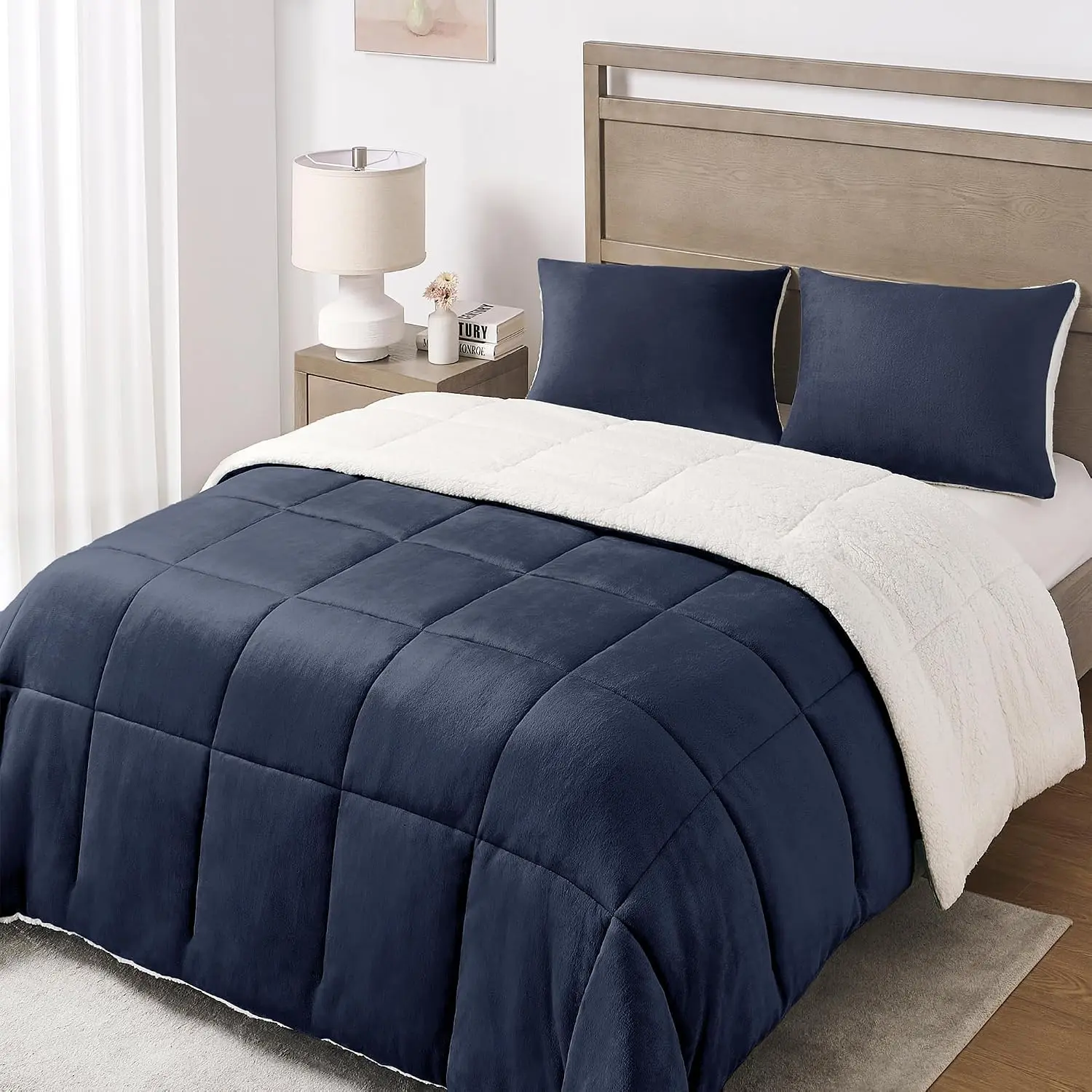 Comforter Set - Luxury Fleece Sherpa Comforter Sets for  Bed, Soft and Warm  Size Bedding Comforter Set for Winter, Navy, 88"x88"