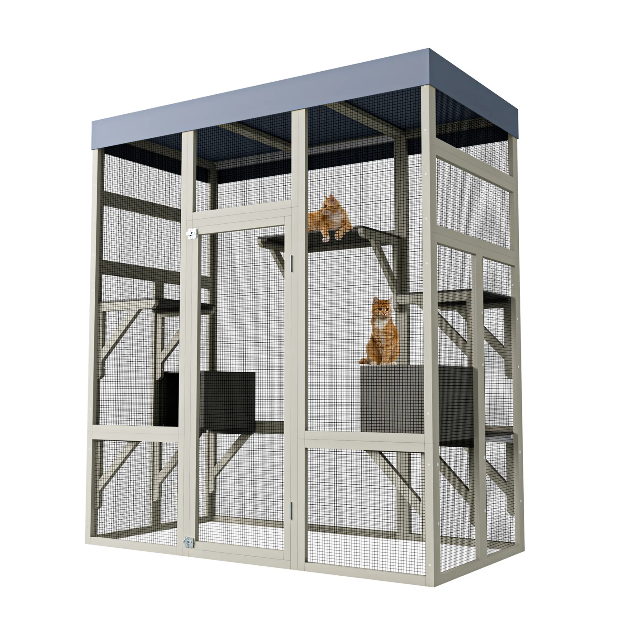 Extra-Large 70" Outdoor Cat Enclosure Catio – Wooden Walk-In Cat House with Waterproof UV-Resistant Roof, 5 Spacious Platforms, 2 Resting Boxes, Secure Rust-Proof Wire, Fits Up to 6 Cats, Ideal for Backyard or Patio