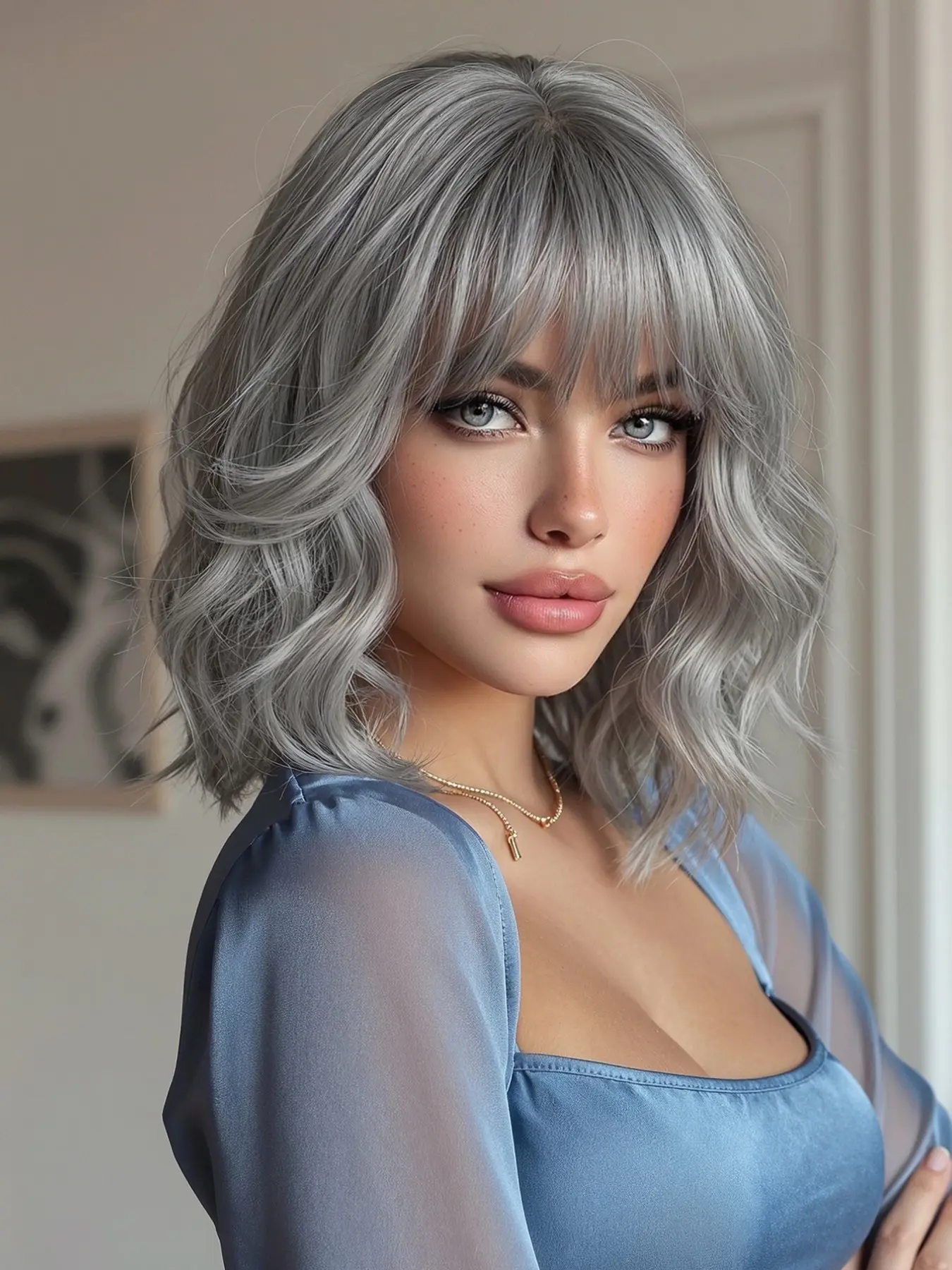 14 Inch Bangs Bob Cut Short Curly Full Headset, Stylist Friendly Wig, Versatile Daily Wear, Stylish and Comfortable Hairpiece, Synthetic Fiber Wig, Synthetic Wavy Hair, Synthetic Machine Wigs