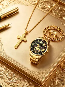4pcs Men's Luxury Steel Band Quartz Watch Set, Cross Necklace Bracelet Ring Gift Set, Perfect for Holidays and Birthdays, Jewelry Sets