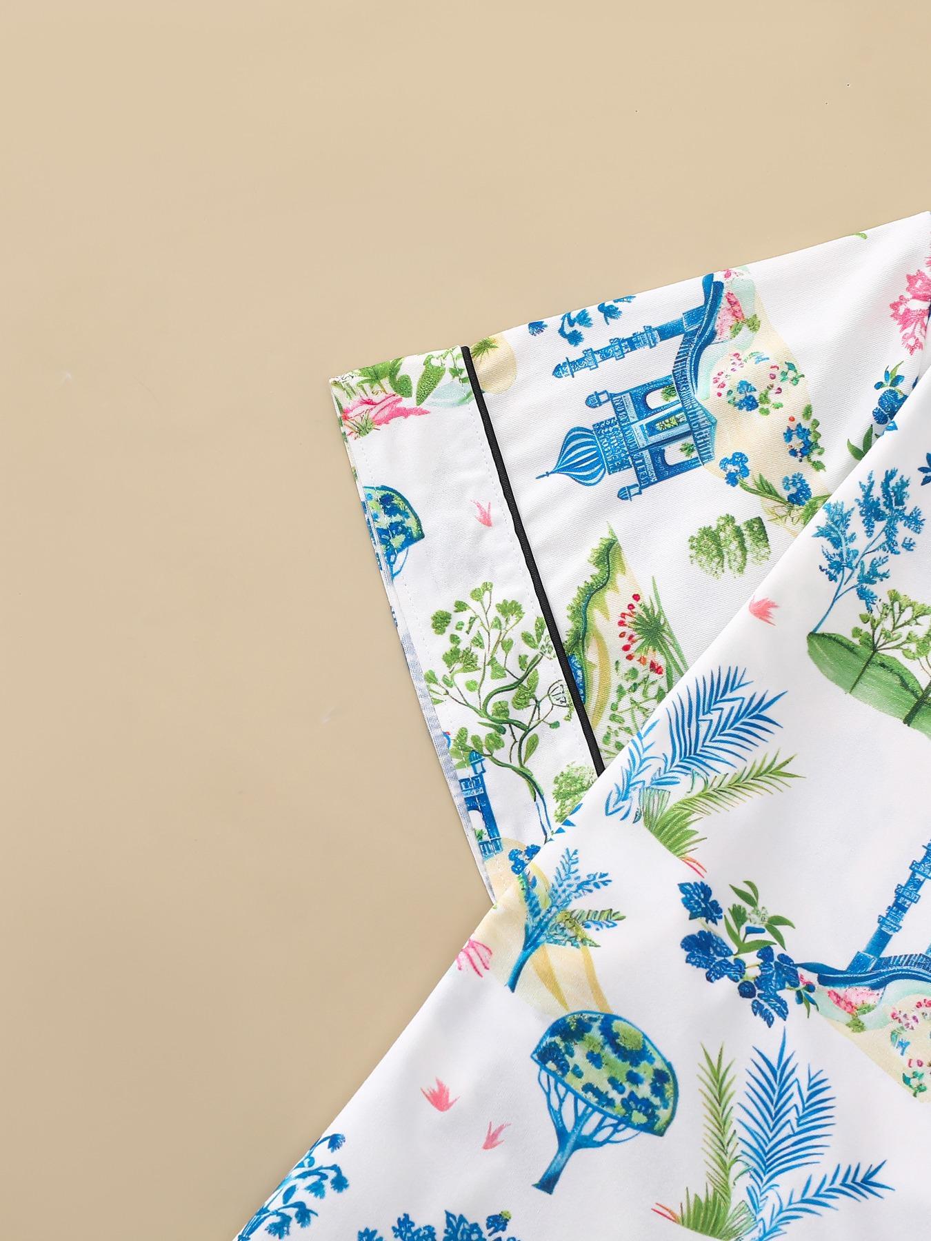 Two-Piece Set Women's All Over Floral Print Lapel Neck Pajama, Casual Comfy Short Sleeve Shirt & Elastic Waist Shorts PJ Set, Ladies Sleepwear for All Seasons