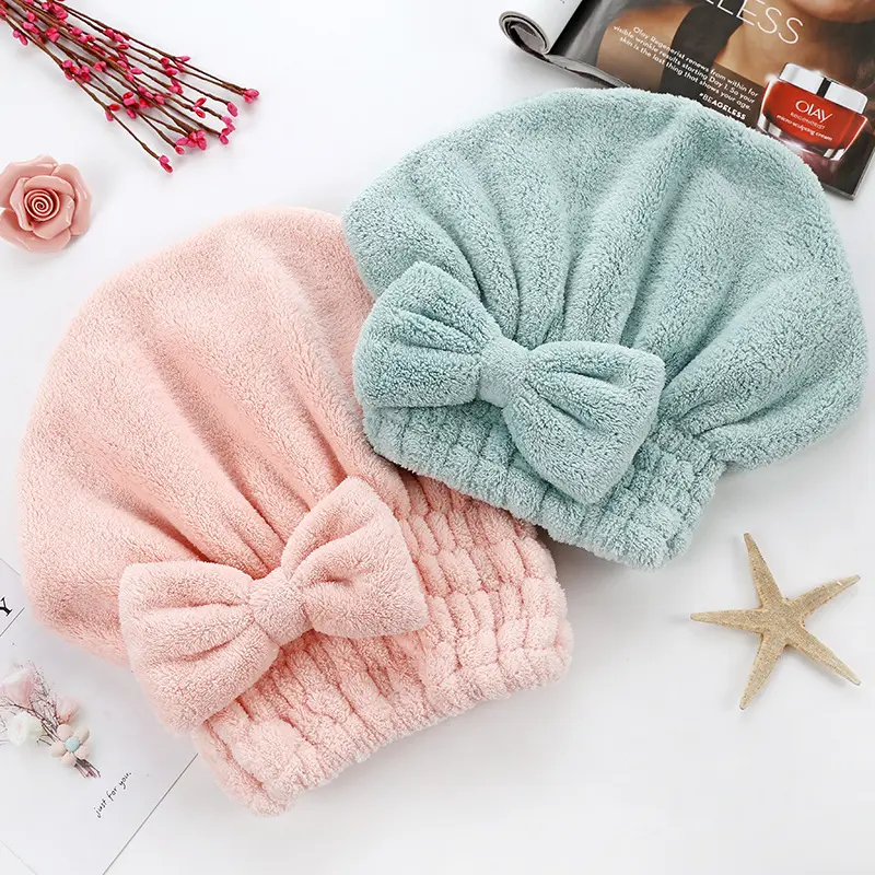 Women's Thick Coral Fleece Shower Cap - Bathroom Accessory, Cute Large-Size Reusable Style with Bow Accent, Functional and Fashionable Head Wiping Towel, No Blow-Drying Needed