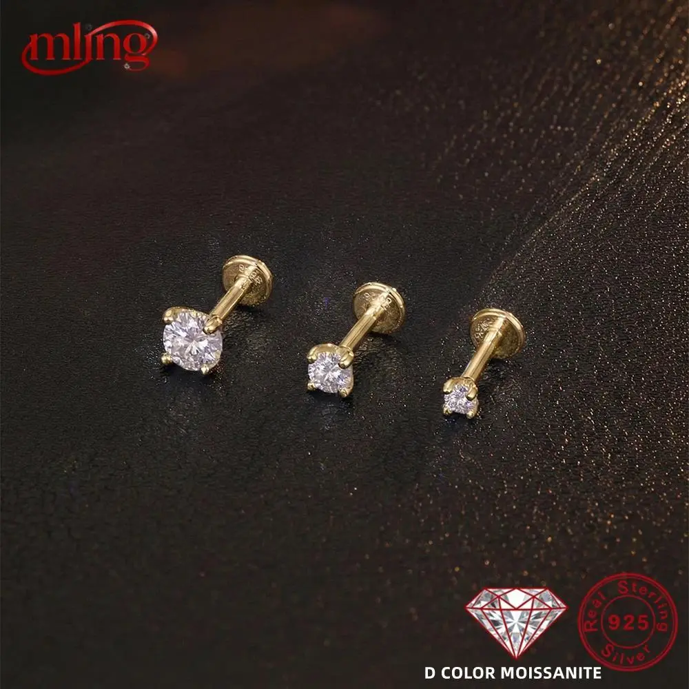MLING 1PC 2/3/4MM Four-clawed Sparkling D Color Moissanite Piercing Cartilage Earring 925 Sterling Silver Flat Back Earring