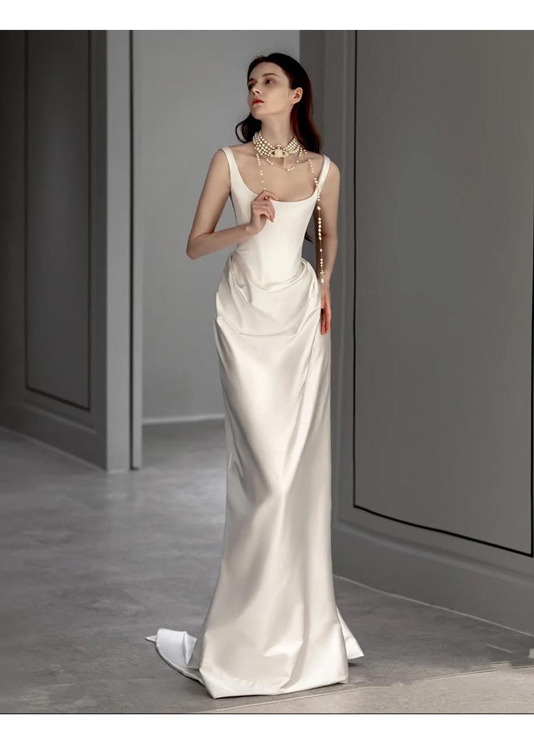 Satin Light Wedding Dress 2026 – Vintage Simple Spaghetti Strap Departure Gown, Small Train Bridal Evening Dress