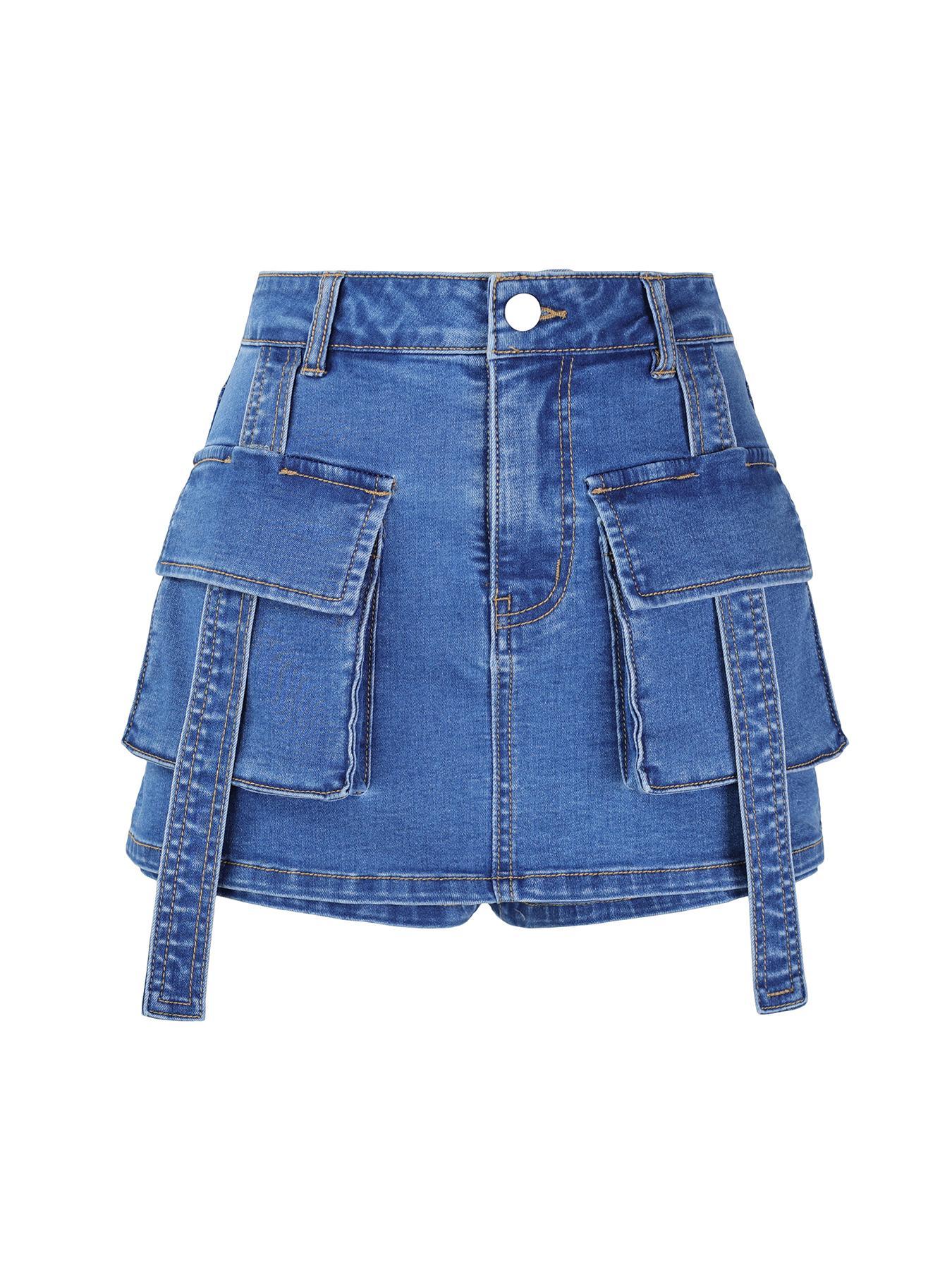 Women's  Multi-pocket 2 in 1 Cargo Denim Shorts, Casual Fashion Skorts for Daily Wear, Ladies Bottoms for Summer