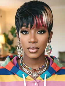 Pixie Cut Human Hair Wig with Bangs, Full Machine Made, Natural Look Wigs, Stylish and Versatile, Perfect for Daily Wear