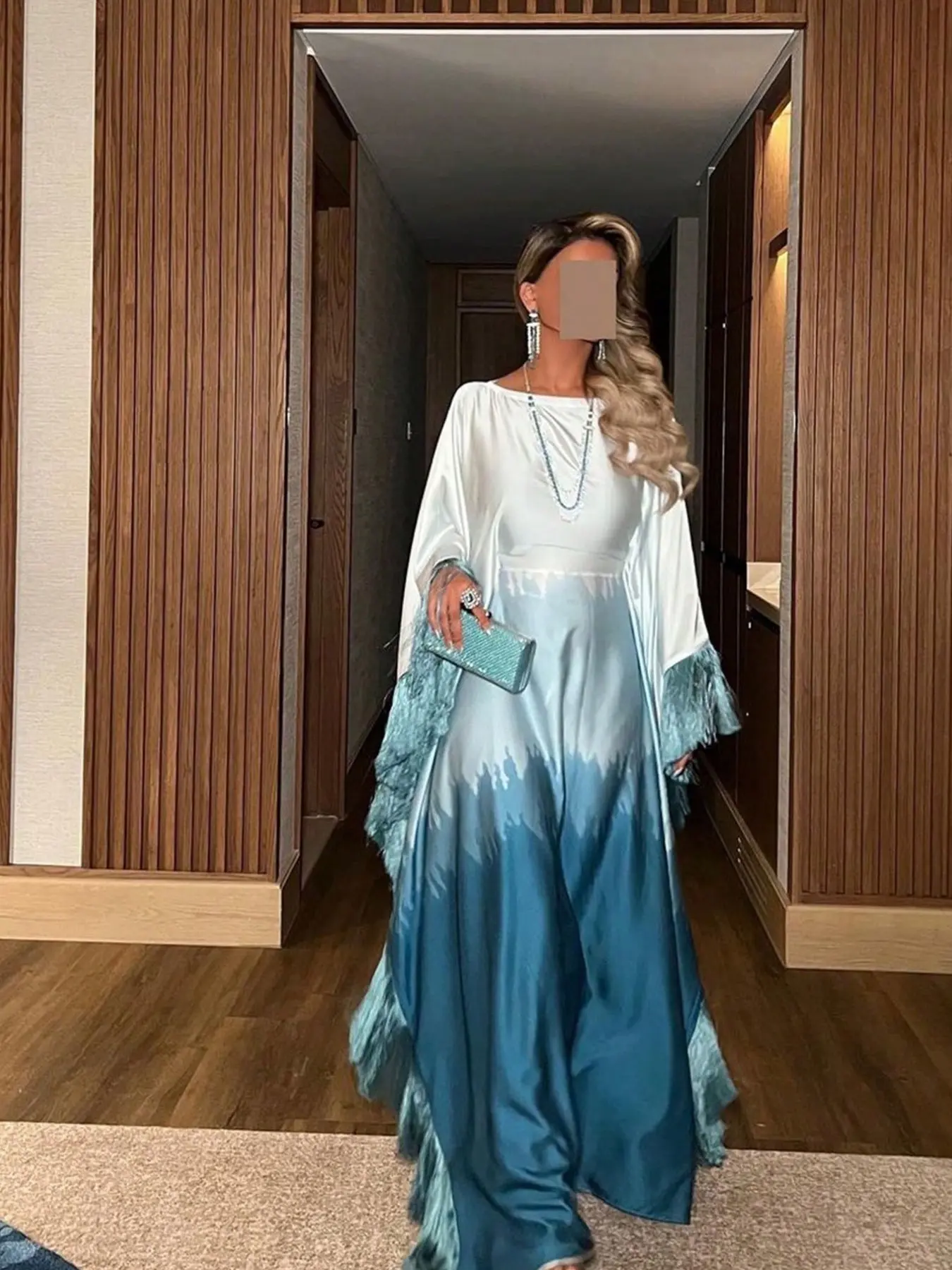 Hafizah Women's Luxury Elegance Gradient Batwing Sleeve Long Dress, Fringe Decoration, Loose Fit, Satin Texture, Formal Party Gown, All Seasons