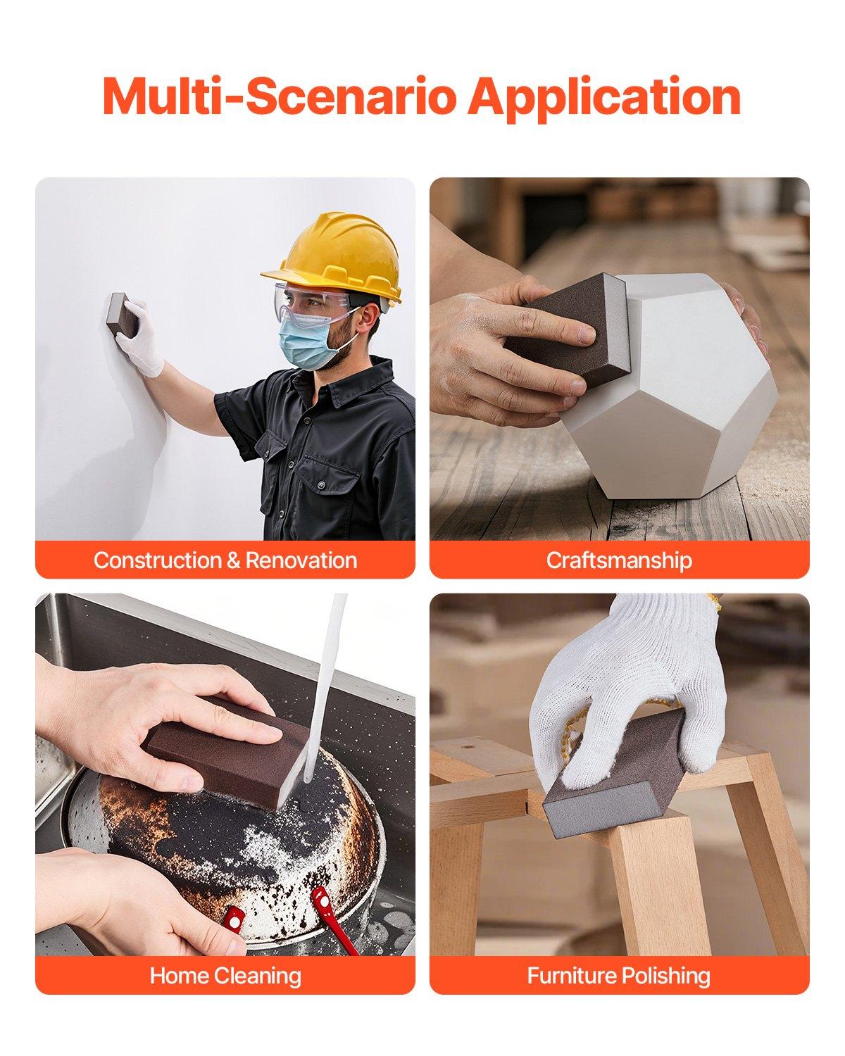 VEVOR Sanding Sponge, 4 Pcs, 60/80/120/220 Grit Assortment, Washable and Reusable Sanding Blocks for Dry & Wet Use, Coarse to Fine Sandpaper Blocks, for Polishing Drywall Wood Plastic Metal Furniture