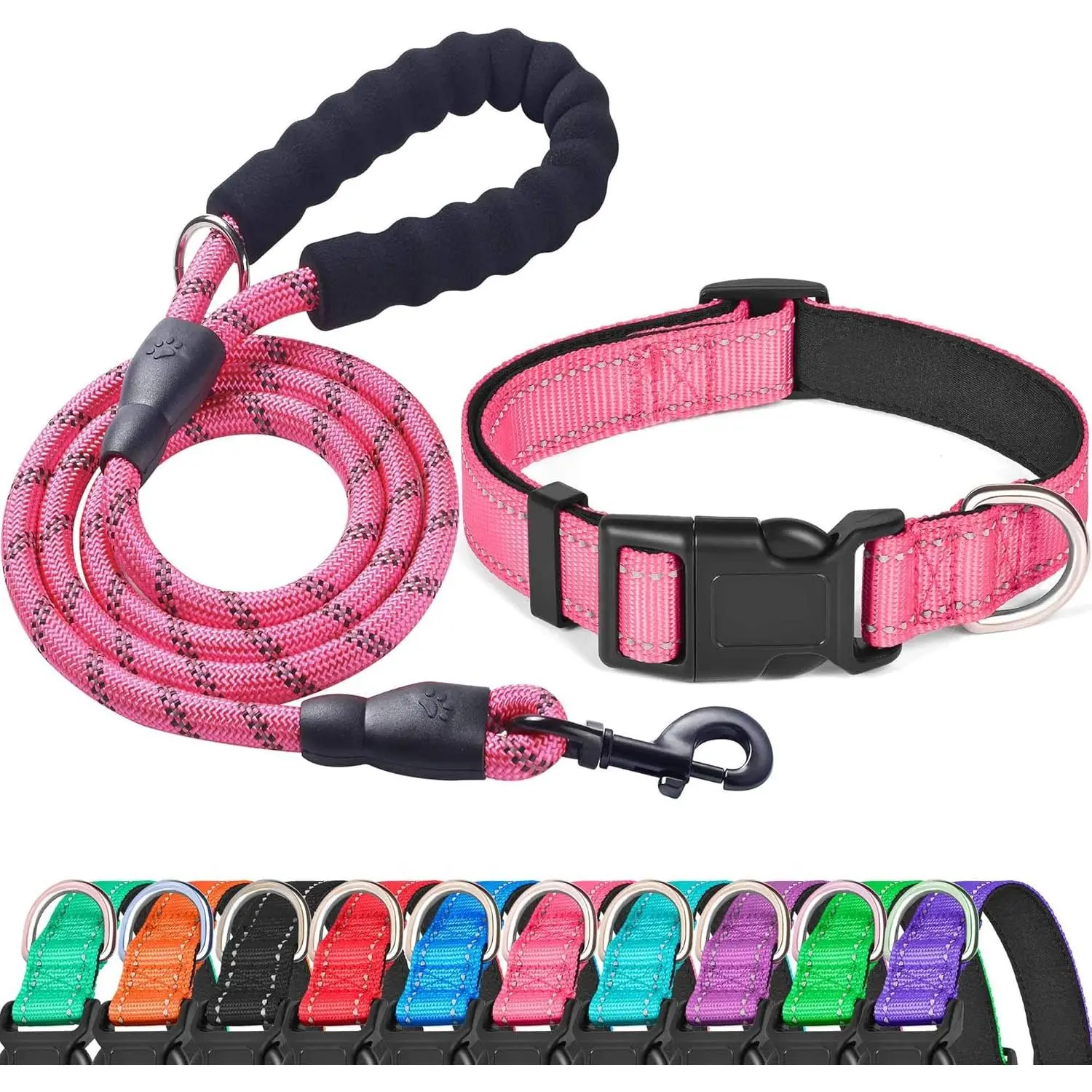 Reflective Dog Collar Padded with Soft Neoprene Breathable Adjustable Nylon Dog Collars for Small Medium Large Dogs (Medium (Pack of 1), Pink Collar+Leash)