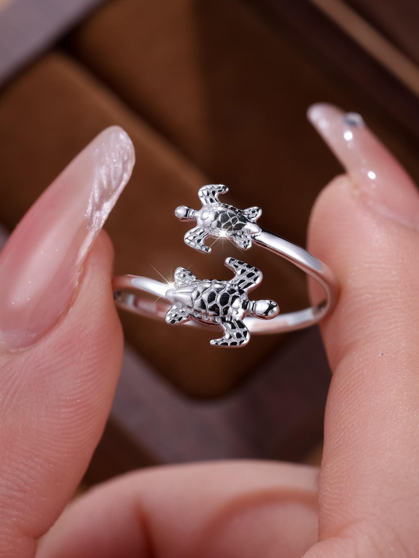 925 Sterling Silver Cute Turtle Design Cuff Ring, Adjustable Ring for Women, Trendy All-match & Exquisite Jewelry for Birthday Gift