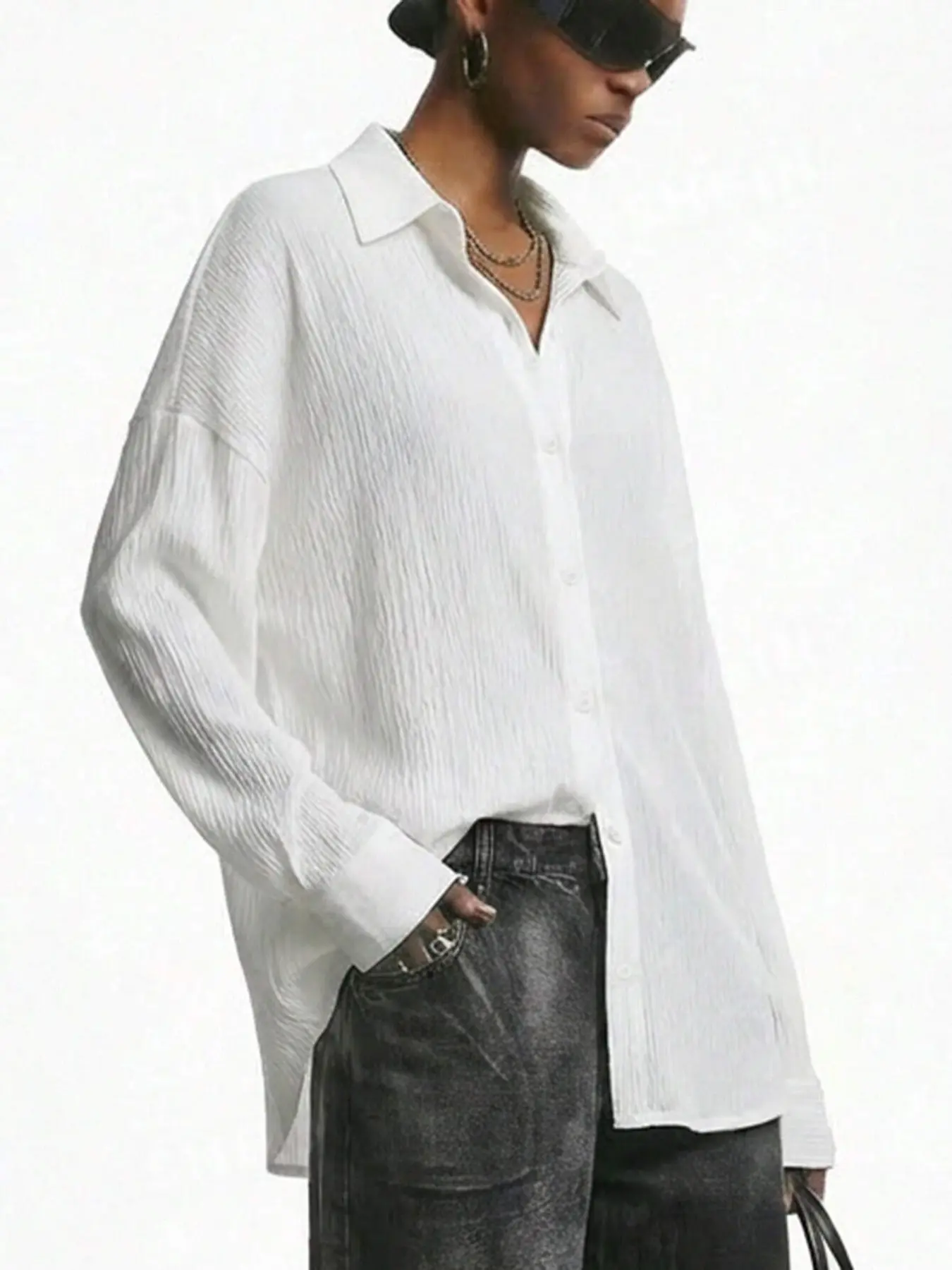 Women's Textured Pleated Collar Shirt, Long Sleeve Button Front Oversized Casual Top, Loose Fit Blouse for Everyday Wear