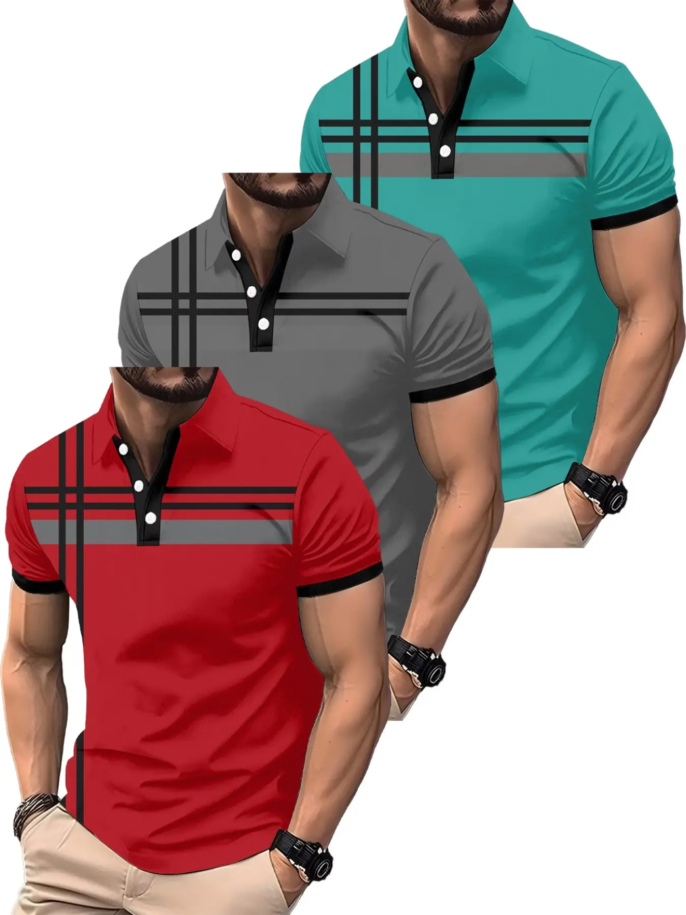 3 Piece Set Men's Classic 3D Polo Short Sleeve T-Shirts, Casual Geometric Print Golf Shirts, Fitted Summer Wear, All Seasons