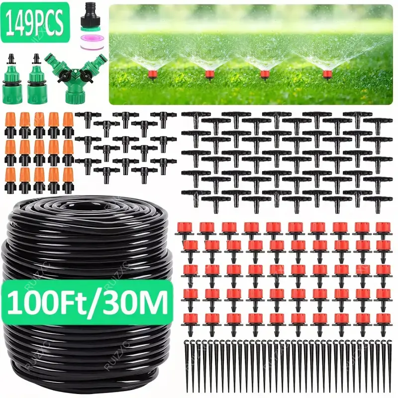 100ft Micro Sprinkler Drip Irrigation System, DIY Garden Drip Irrigation Kit, Automatic Watering System, Adjustable Spray, Telescopic Hose, Spray Nozzles For Garden Hose, Garden Supplies