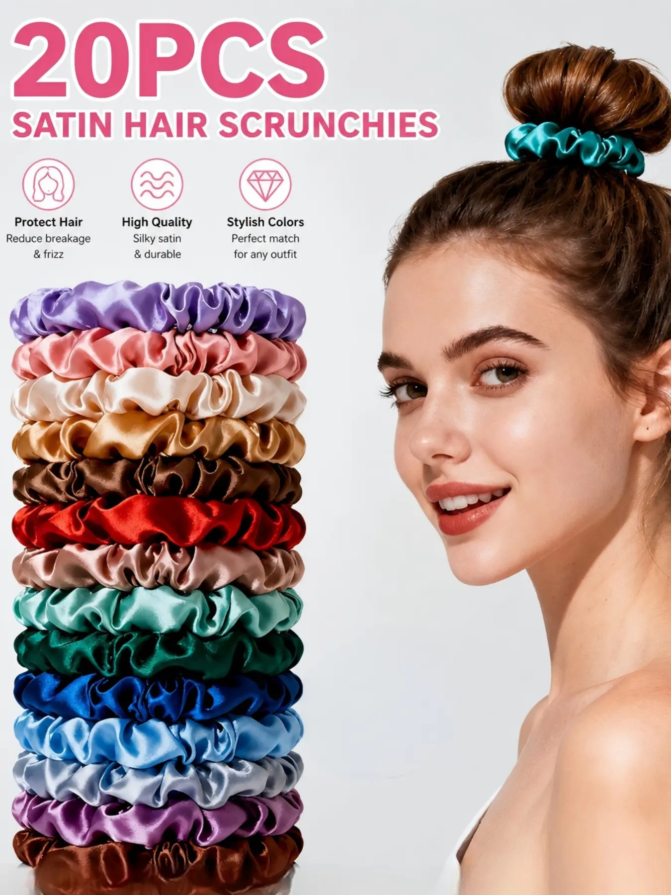 20pcs shiny satin mini scrunchies, elastic hair ties, bulk hair ties, basic candy-colored hair bands, gentle on hair, perfect for girls' everyday versatile hairstyles