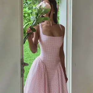 Summer Gingham Long Dress Corset Square Neck Lace Up Casual Sundress Backless A Line Short Dresses for Women