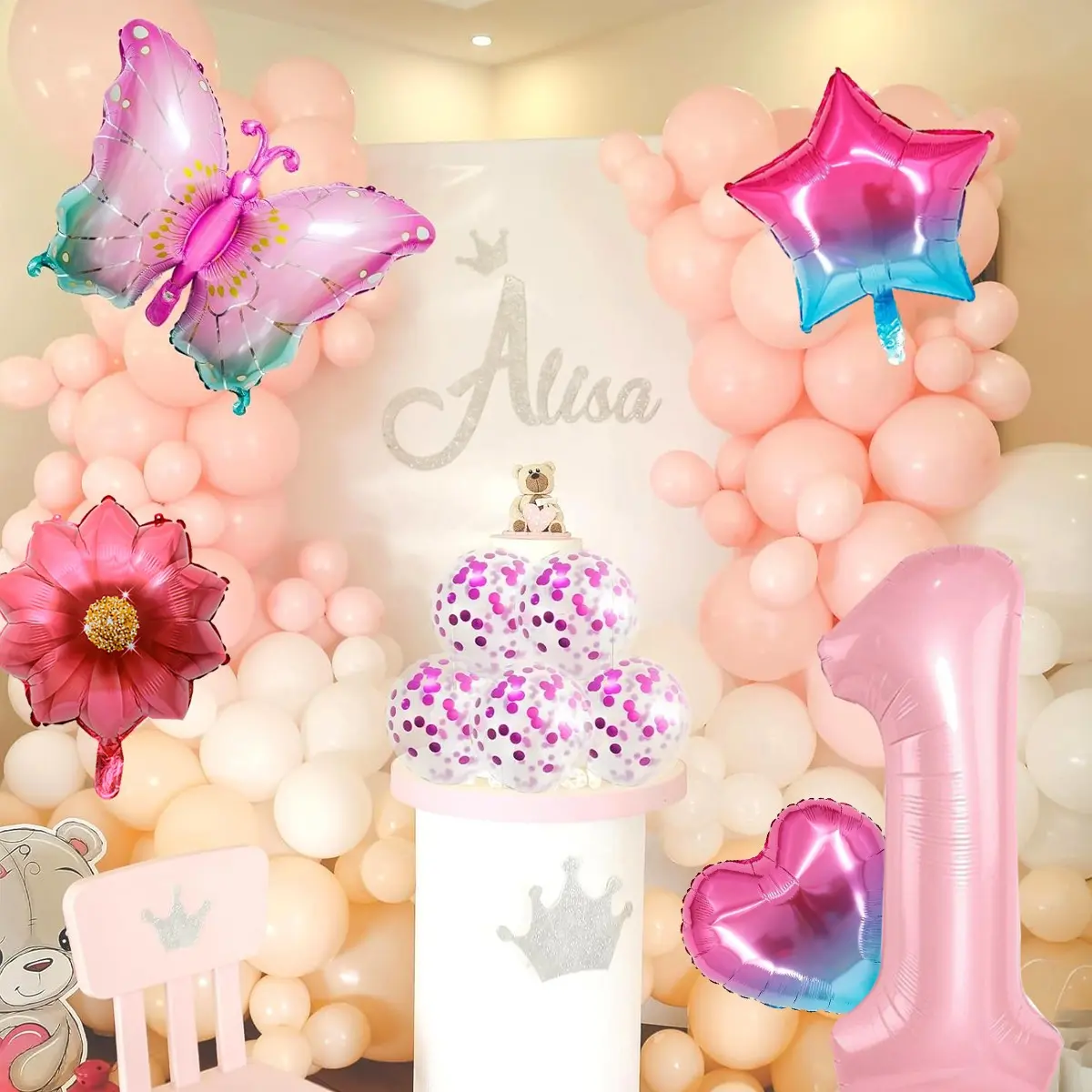 18in Gradient Butterfly Mylar Balloon, Digit Balloons, Blue Star & Heart Foil Balloons, Sunflower Balloon, Party Decor