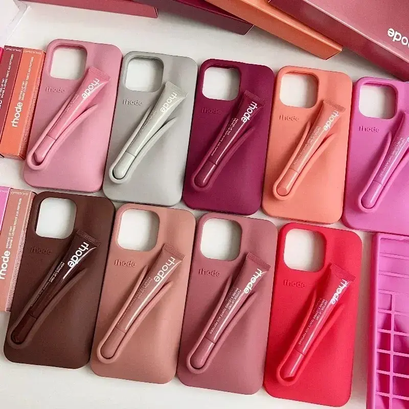 Rhode Style Lip Gloss Holder Phone Case for iPhone 13-17 Pro Max, Soft Silicone Shockproof Smartphone Accessory, Handheld Cellphone Cover with Built-in Lip Balm Slot, Cute Aesthetic Protective Case for Women’s Devices