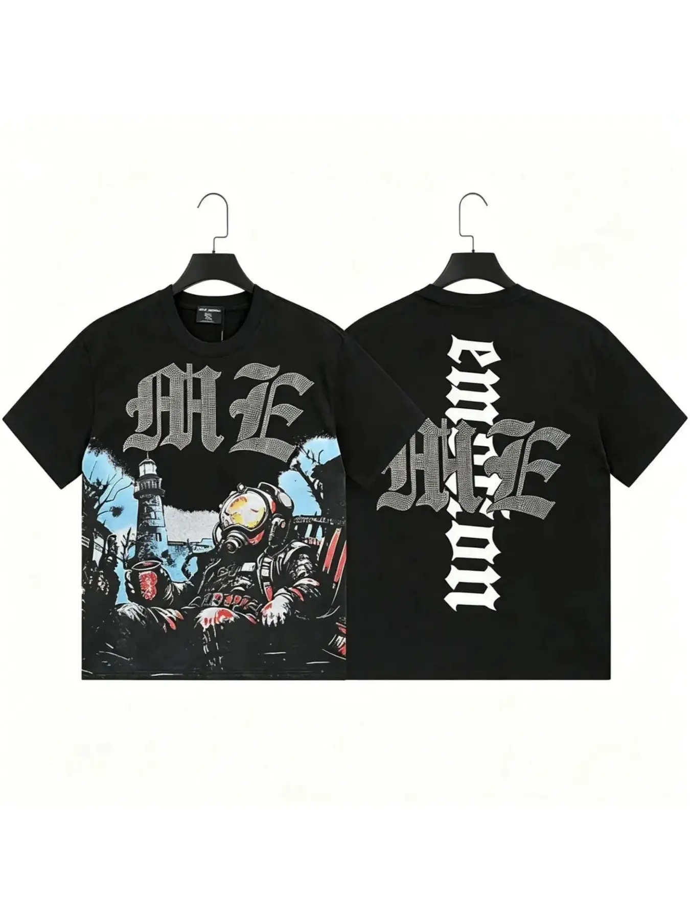 Mixed Emotion Astronaut Angel Cross Double-Sided Graphic T-Shirt Vintage Washed Black Oversized Tee, Perfect Gift Cool Shirts,Graphic Washed Oversized Tees for Men & Women,Summer Round Neck Short Sleeve ,Sports Shirt,Workout T-shirt