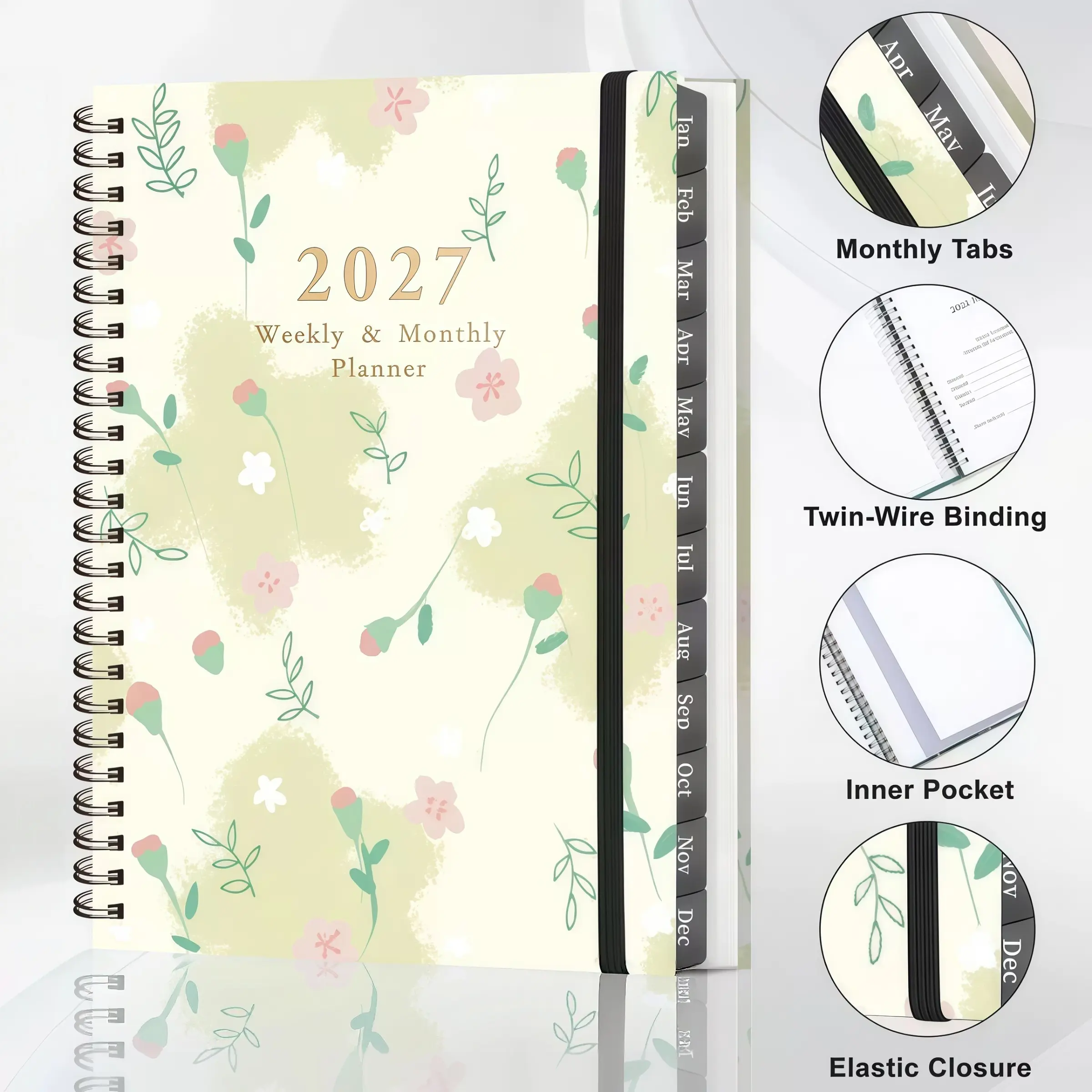 2027 Planner Weekly & Monthly for Women Students, A5 Spiral Bound Planner with Watercolor Floral Cover Monthly Tabs, Agenda Calendar for School Home Travel