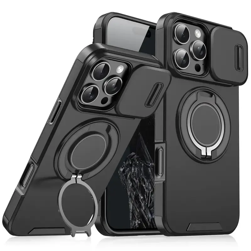 Heavy Duty Military Grade Shockproof Plastic Smartphone Casing for iPhone 13/14/15/16/17/18 Pro Max - Multi-Model Cover with Camera Lens Protection, 360° Rotating Ring Kickstand, Wireless Charge Alignment, Phone Accessories