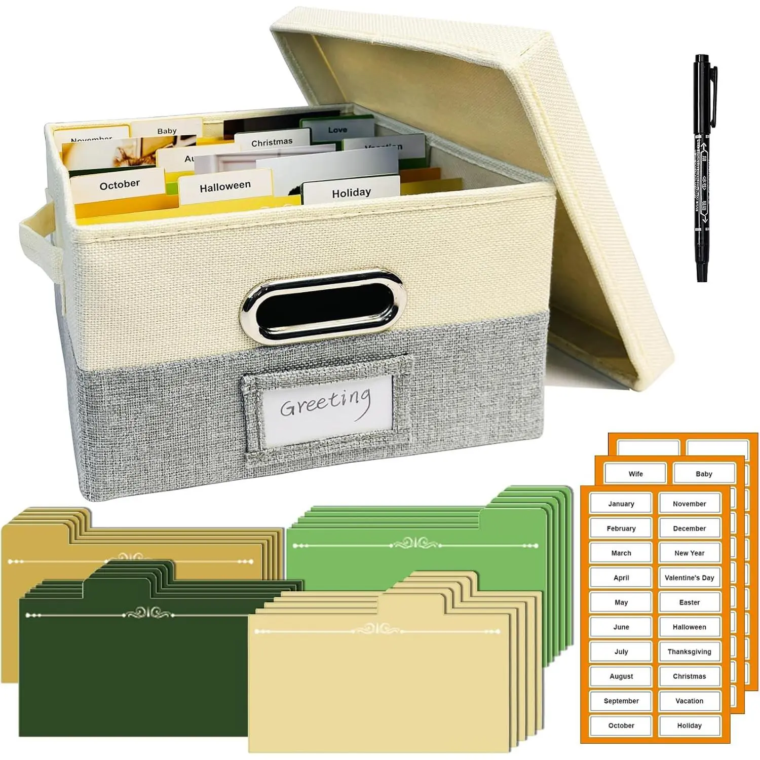 Greeting Card Organizer Box, Card Storage Box with 20 Removable Dividers & 84 Labels, Foldable Storage Box with  for Photos, Postcards, Graduation Card, Birthday Cards Holder, Sewing(Beige & Grey)