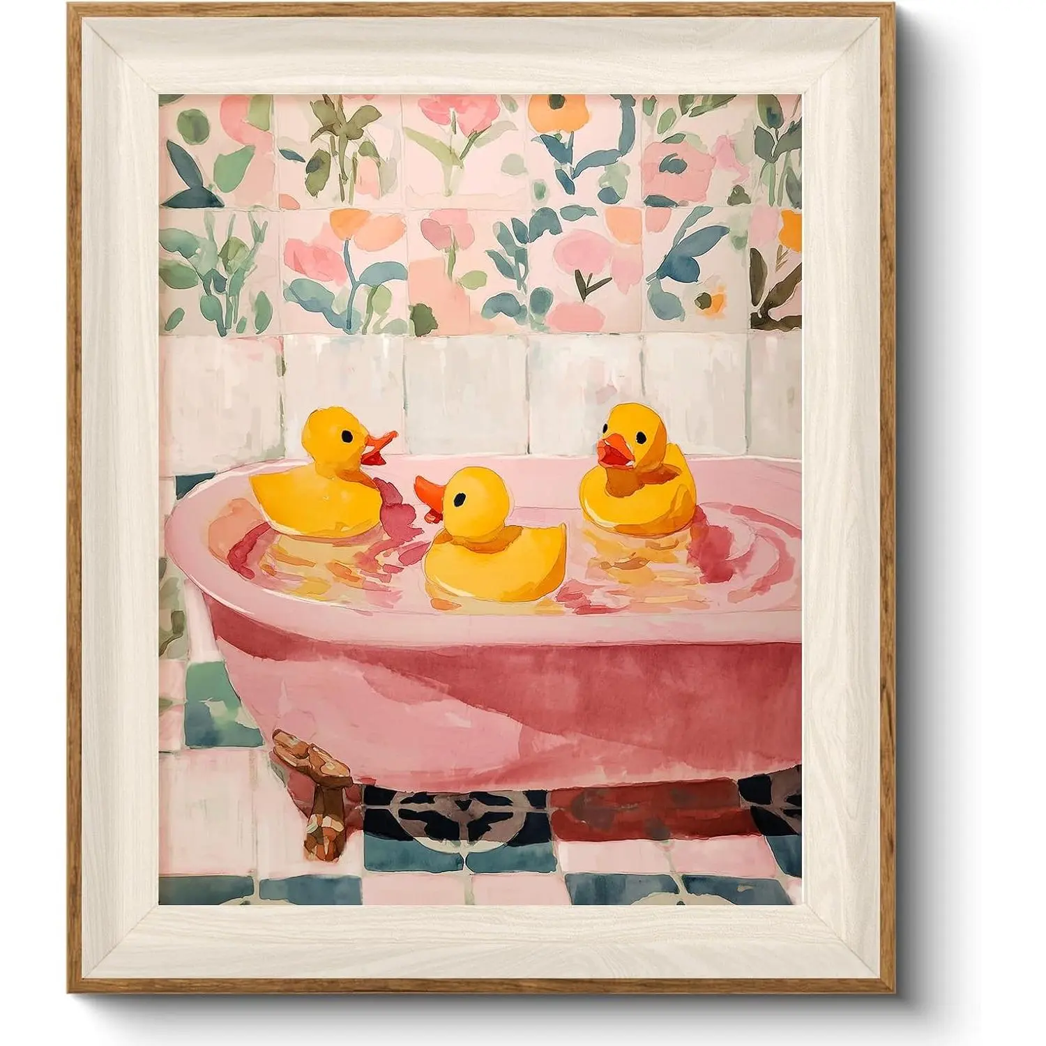 VIYYIEA Framed Canvas Wall Art,Cute Duck Bathroom Wall Arts, Pink Bathtub Rubber Duck Painting, Whimsical Bathroom Decor for Kids Guest Bath Farmhouse Home, 10x12 Inch