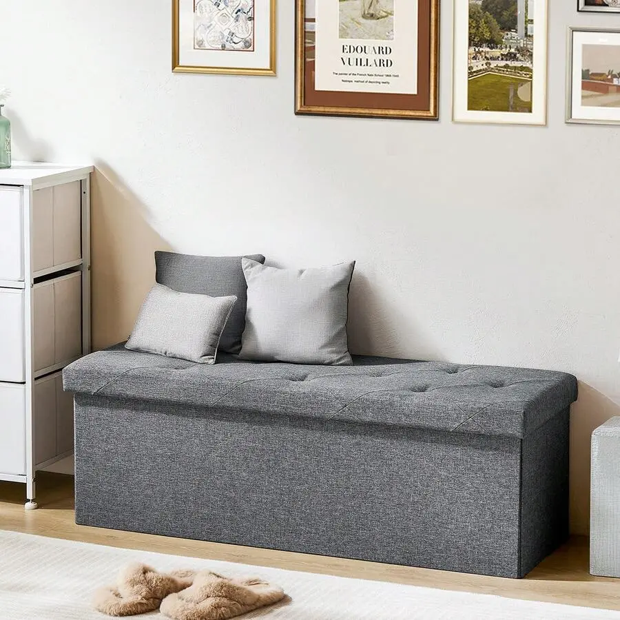 Foldable Storage Ottoman Bench, Storage Chest, End Of Bed Foot Rest Stool With Padded Seat, Bedroom Bench Living Room, Support 660lbs, Grey