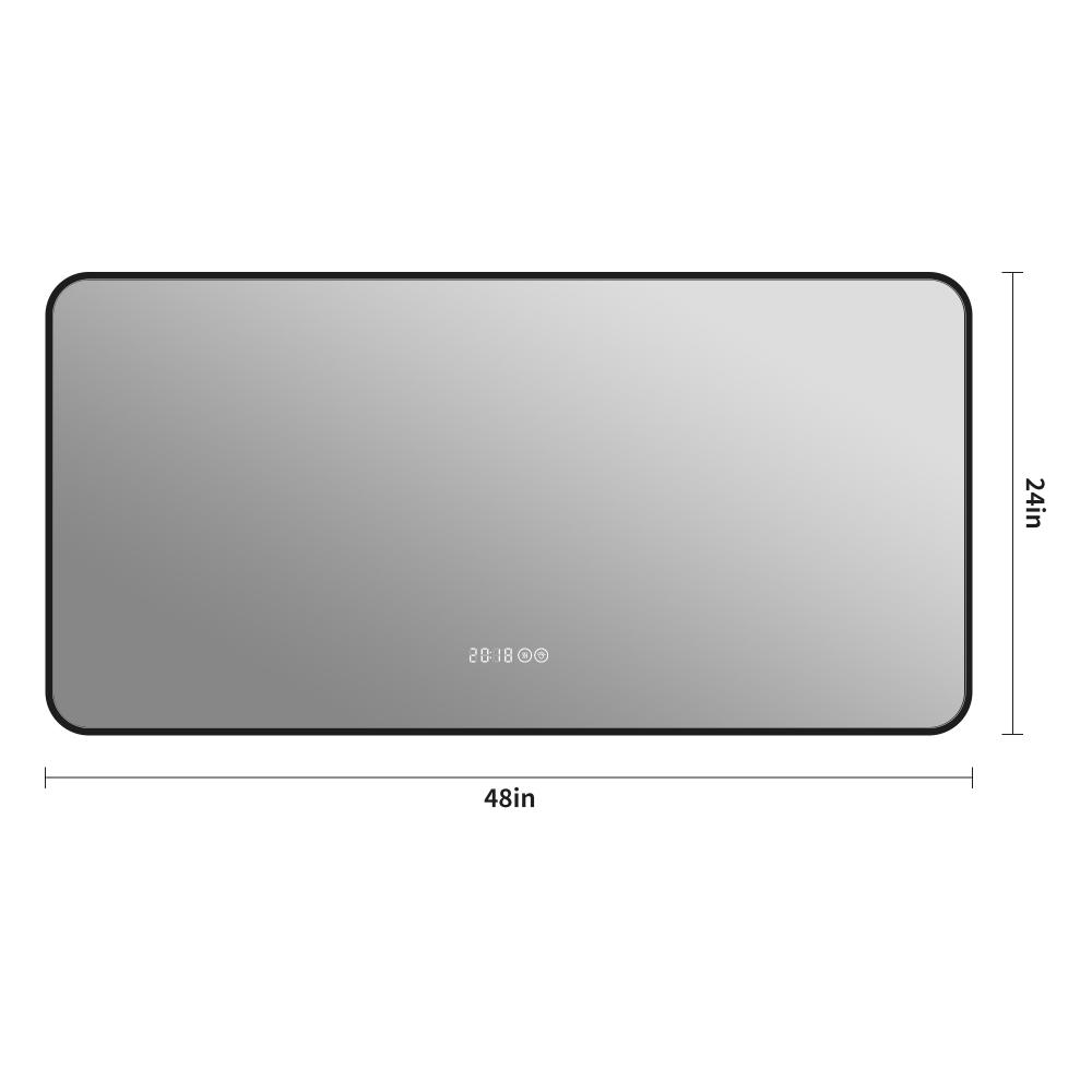 48*24-inch LED black rounded-corner frame bathroom mirror with temperature display, three-color lighting, defog function, premium aluminum frame, and high-definition tempered glass.