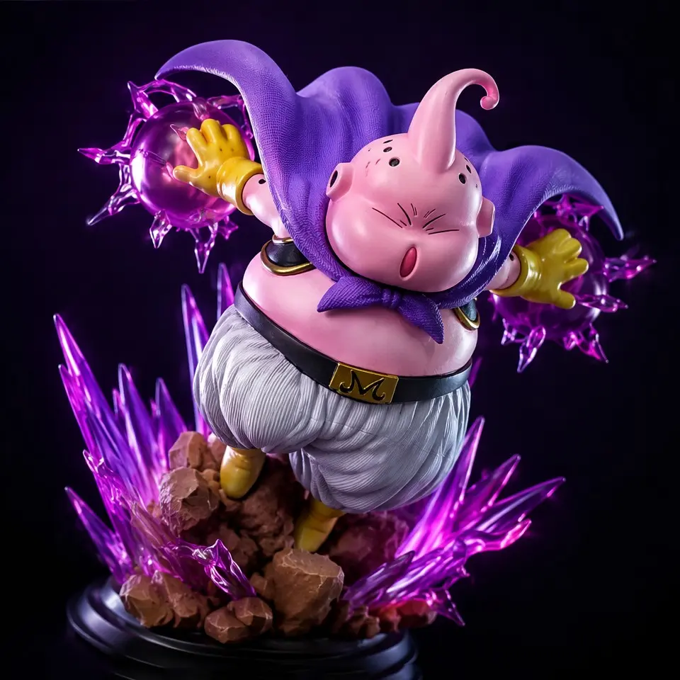 Dragon Ball Buu Figure, 20cm Height, Soft Round Buu Design, Skin, Cape, Gloves, Transparent Energy Ball, Collectible Gift, Collectible Figurines