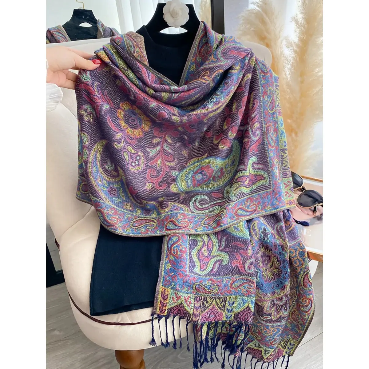 Women's Paisley Long Fringe Scarf - Soft Warm Boho Tencel Chiffon Long Shawl, Fall Winter Casual Fashion Wrap Accessory
