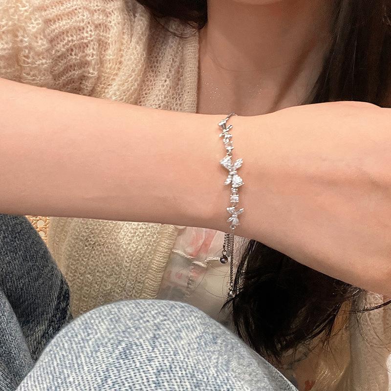 Zircon bow sparkling sweet women's silver crystal aesthetic bracelet - silver