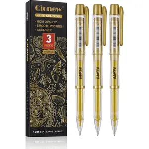 Qionew Gold Gel Pens, 3 Pack, 1mm Fine Gel Ink Pen, Opaque Ink, for Artists Drawing on Black Paper, Sketching, Illustration, Card Making, Bullet Journaling