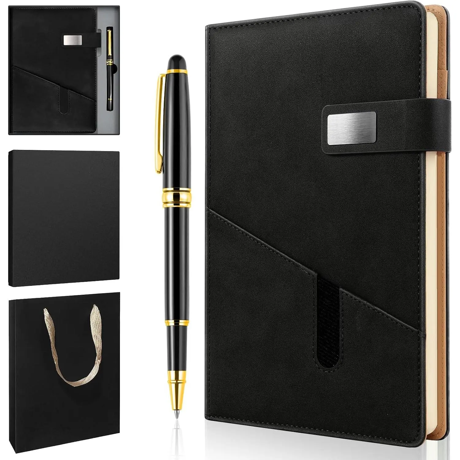 A5 Lined Leather Notebook and Pen Set with  Box, 240 Pages Refillable Journal with Pocket and  Buckle, Hardcover Daily Diary for Men and Women Business Travel Personal Writing- Black