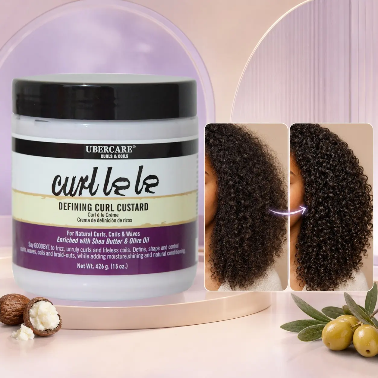 Curl Defining Cream, Wavy Hair Products, Enriched with Shea Butter & Olive Oil, Add Moisture, Shine, Lightweight Curl Defining Custard-Define, Shape and Control, for Curls, Coils and Waves, Curl Enhancing Formula