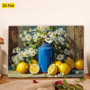 2D flat art wall decoration, blue lemon and daisy design, perfect for enhancing the ambiance of the living room, kitchen, or office