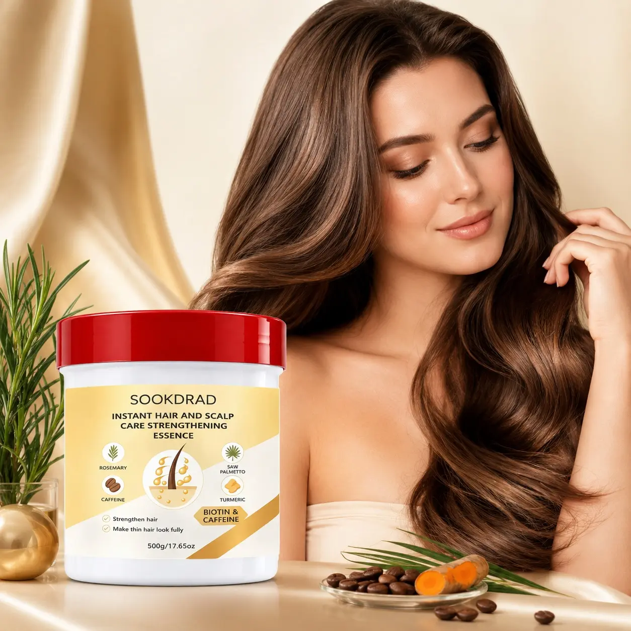 Instant Hair and Scalp Care Strengthening Essence, Biotin, Caffeine, Rosemary, Saw Palmetto, Turmeric, strengthen hair, make thin hair look full, 500g/17.65oz